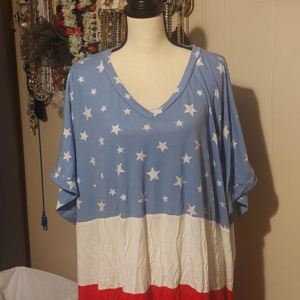 Lane Bryant Blue, Red and White Oversized Tunic with Flutter Sleeves
